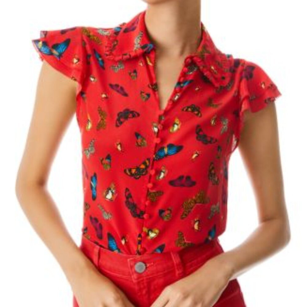 Alice + Olivia Martel Silk flutter sleeve Red Butterfly Print blouse